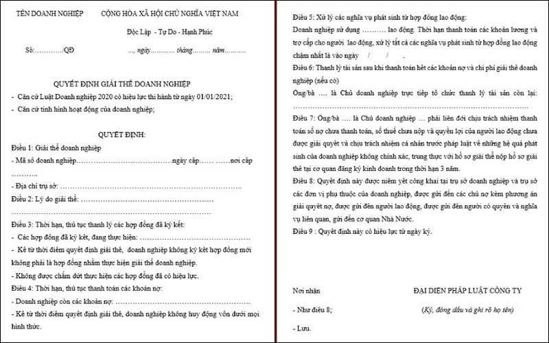 mẫu quyết định giải thể doanh nghiệp